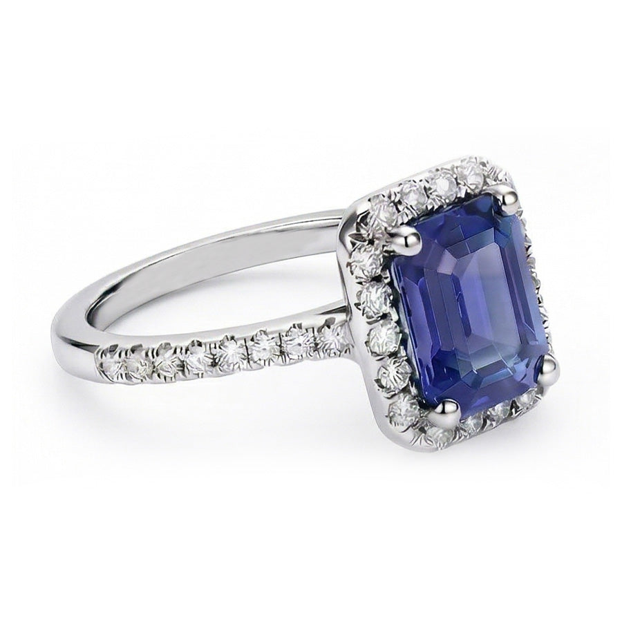 Anniversary Emerald Halo Blue Sapphire & Natural Earth Mined Diamond ( Not Lab Grown )s Ring 3.50 Carats