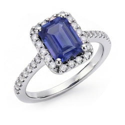 Anniversary Emerald Halo Blue Sapphire & Natural Earth Mined Diamond ( Not Lab Grown )s Ring 3.50 Carats