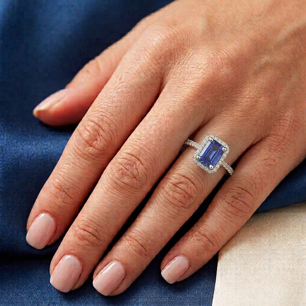 Anniversary Emerald Halo Blue Sapphire & Natural Earth Mined Diamond ( Not Lab Grown )s Ring 3.50 Carats