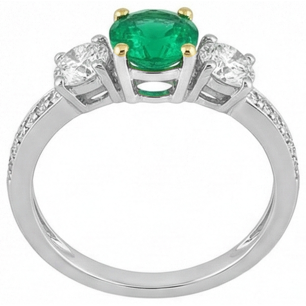 Fine Emerald Round Brilliant Precious Stone Ring in Two-Tone 14K Gold – angle view
