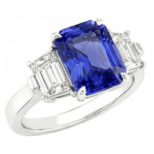 Anniversary Natural Earth Mined Diamond ( Not Lab Grown ) Ring 3 Carats Claw Prong Set Ceylon Sapphire Gold