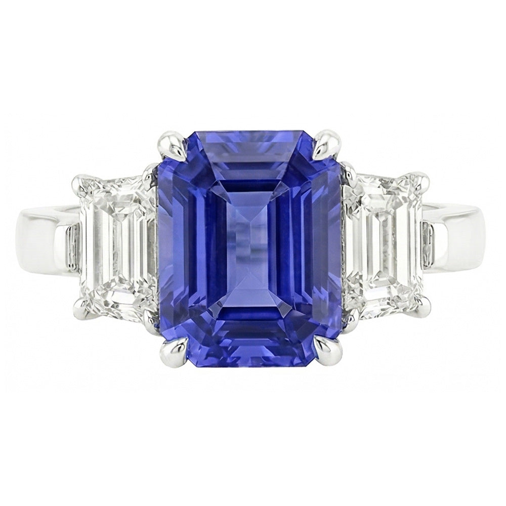 Anniversary Natural Earth Mined Diamond ( Not Lab Grown ) Ring 3 Carats Claw Prong Set Ceylon Sapphire Gold