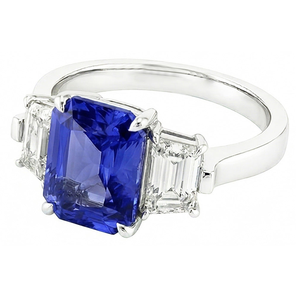 Anniversary Natural Earth Mined Diamond ( Not Lab Grown ) Ring 3 Carats Claw Prong Set Ceylon Sapphire Gold