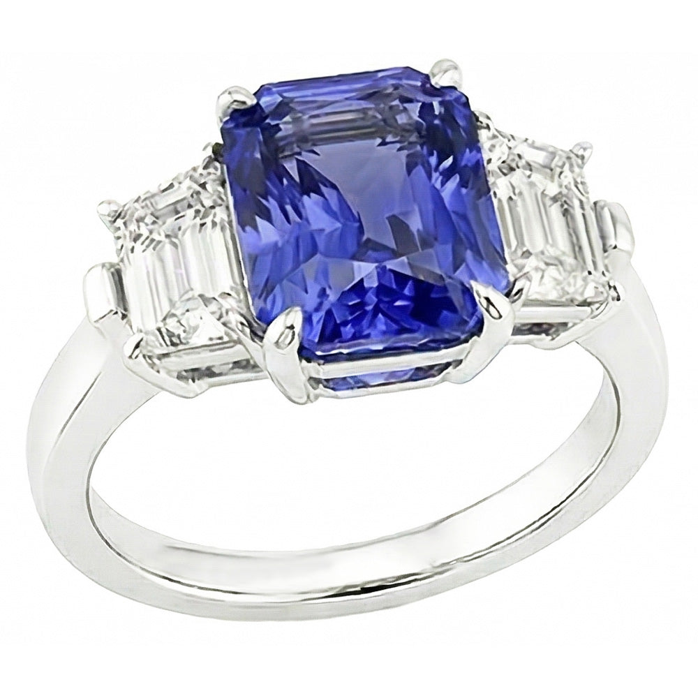 Anniversary Natural Earth Mined Diamond ( Not Lab Grown ) Ring 3 Carats Claw Prong Set Ceylon Sapphire Gold