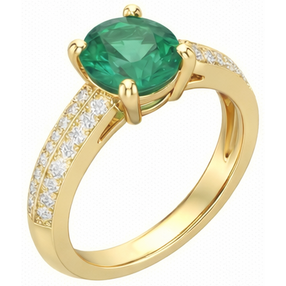 Anniversary Ring 2.25 Ct Round Cut Green Emerald And Natural Earth Mined Diamond ( Not Lab Grown )s Yellow Gold