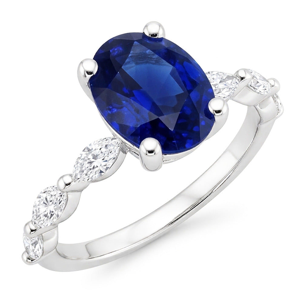 Anniversary Ring Oval Blue Sapphire Solitaire With Accents 3.50 Carats
