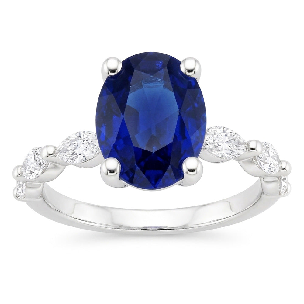 Anniversary Ring Oval Blue Sapphire Solitaire With Accents 3.50 Carats