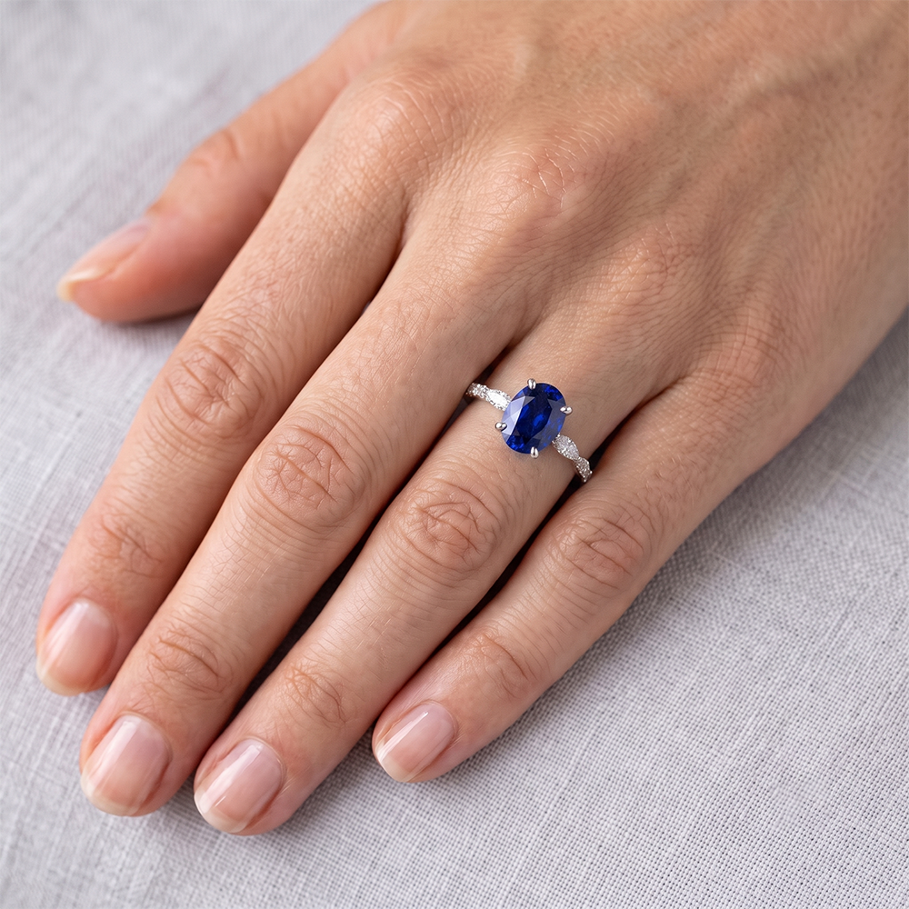 Anniversary Ring Oval Blue Sapphire Solitaire With Accents 3.50 Carats