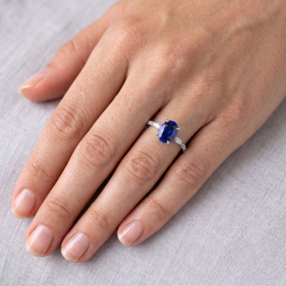 Anniversary Ring Oval Blue Sapphire Solitaire With Accents 3.50 Carats