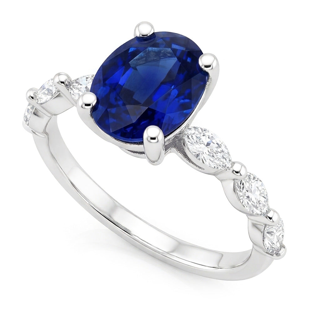 Anniversary Ring Oval Blue Sapphire Solitaire With Accents 3.50 Carats