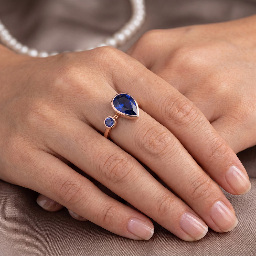 Anniversary Ring Round & Pear Blue Sapphires 2.25 Carats 14K Rose Gold