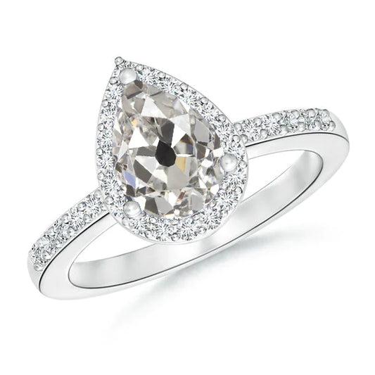 Anniversary Halo Ring Pear Old European 3 Carats Real Diamond Jewelry Large Cutlet