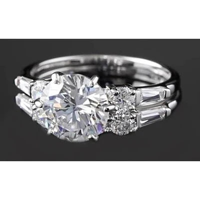 Anniversary Ring Round & Baguette Real Diamonds 4.50 Carats White Gold 14K