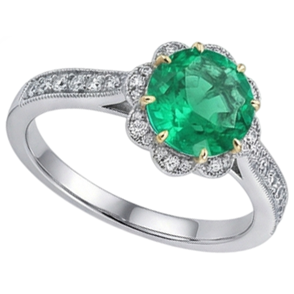 Round Cut Emerald ring in 14 Karat Two Tone Gold – profile view