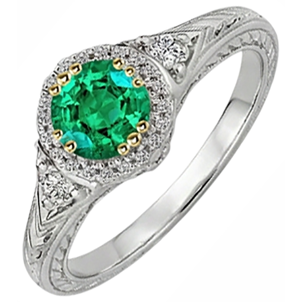 Fine Emerald Round Cut Gemstone Ring in Two-Tone 14K Gold – front view