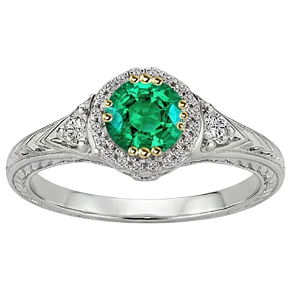 Round Cut Fine Emerald ring in Two-Tone 14K Gold – angle view