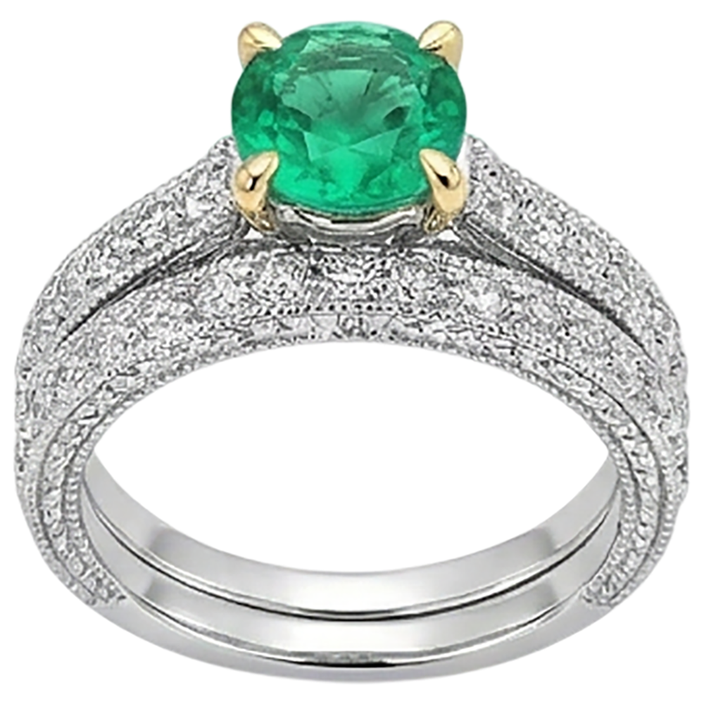 Colombian Emerald Round Brilliant Colored Stone Ring in Two-Tone 14K Gold – profile view