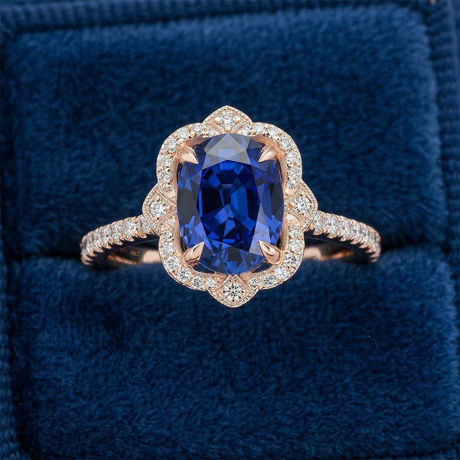 natural round sapphire 6.20ct ring on white background