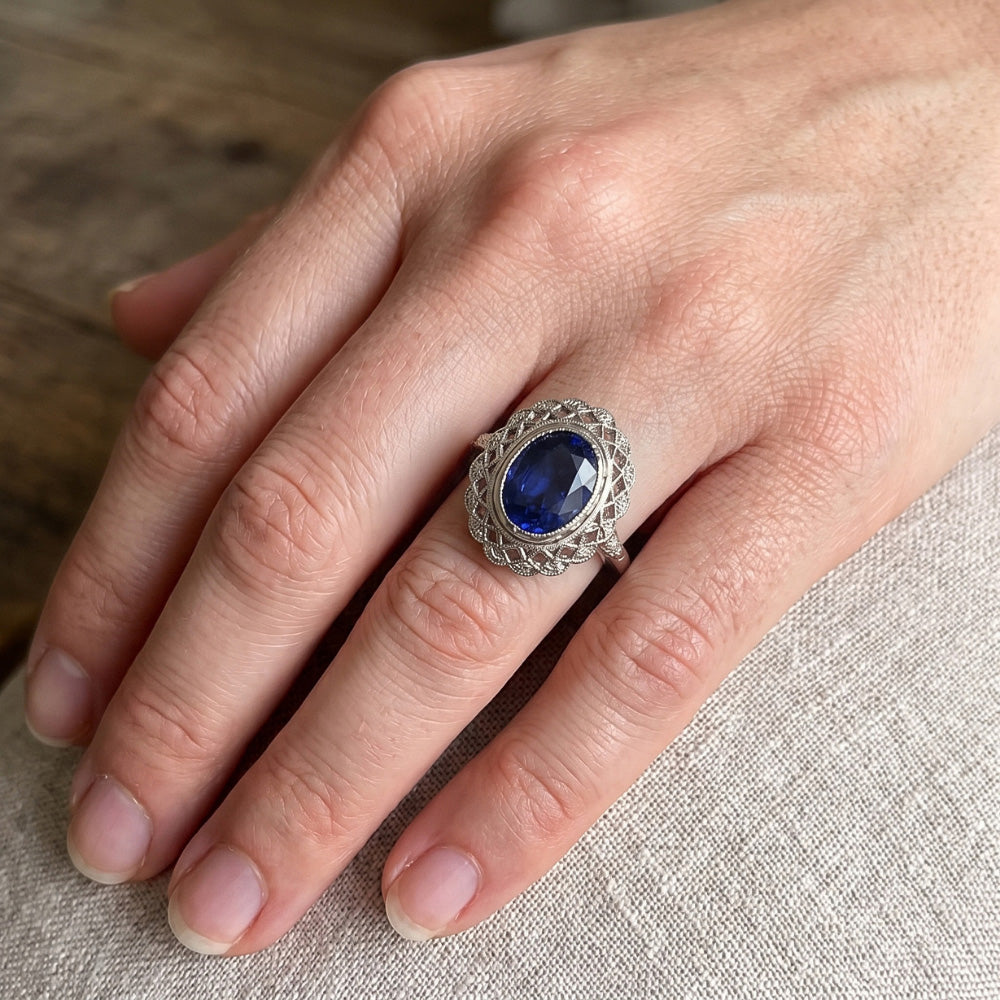Antique Style Halo Ring Bezel Set Blue Sapphire With Natural Earth Mined Diamond ( Not Lab Grown ) ( ...