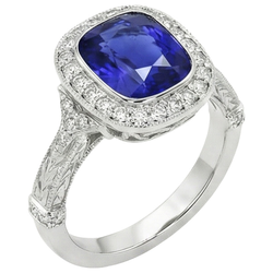 Antique Style Natural Earth Mined Diamond ( Not Lab Grown ) Ring Bezel Set Cushion Ceylon Sapphir...