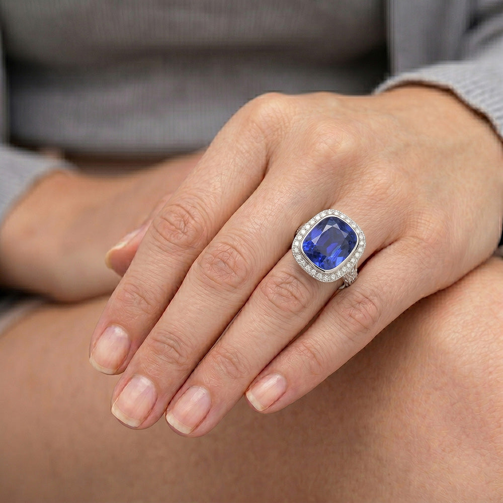 Antique Style Natural Earth Mined Diamond ( Not Lab Grown ) Ring Bezel Set Cushion Ceylon Sapphir...