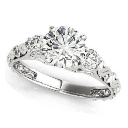 Antique Style 2 Carats Round Genuine Diamonds Three Stone Ring White Gold 14K