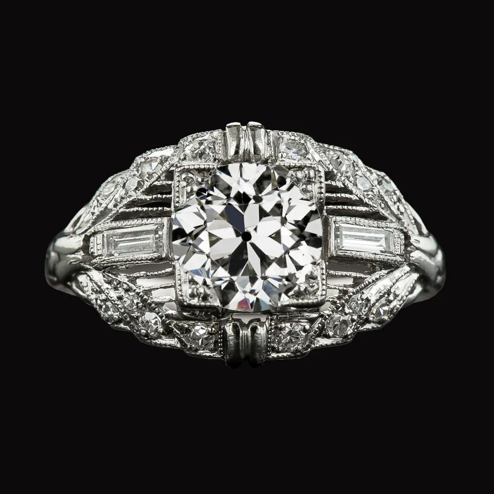 Antique Style Baguette & Round Old Mine Cut Real Diamond Ring 3.75 Carats