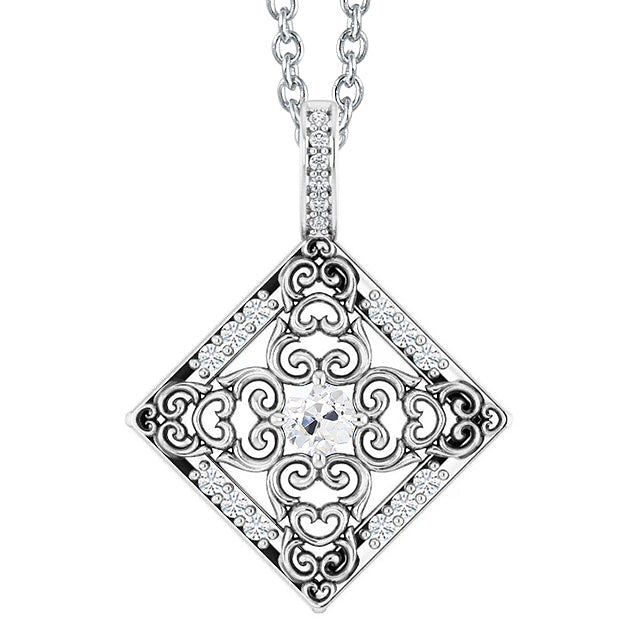 Brilliant Diamond Antique Cushion Drop Pendant in 14 Karat White Gold – main view