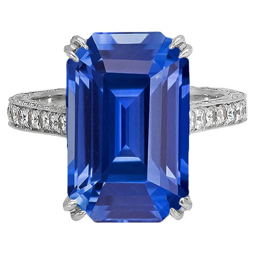 Antique Style IGI CERTIFIED Diamond Ring Emerald Blue Sapphire 8 Carats Pave Accents