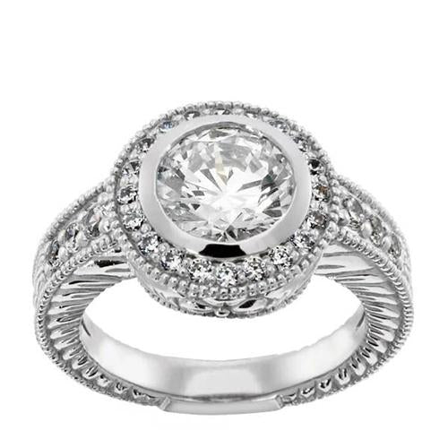 Antique Style Genuine Diamond Ring 2 Ct Halo White Gold 14K