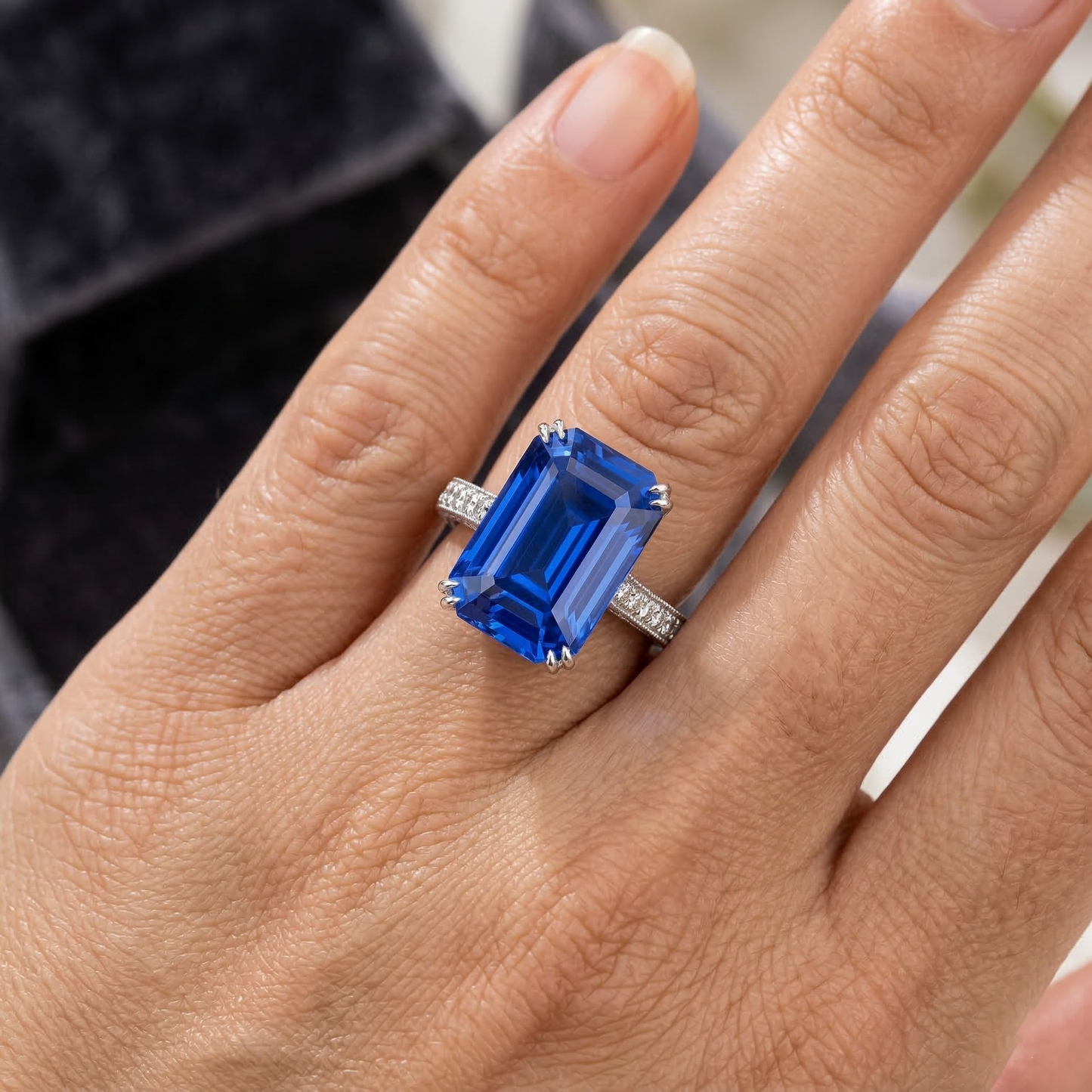Antique Style Natural Earth Mined Diamond ( Not Lab Grown ) Emerald Blue Sapphire Ring Accented 8 Carats