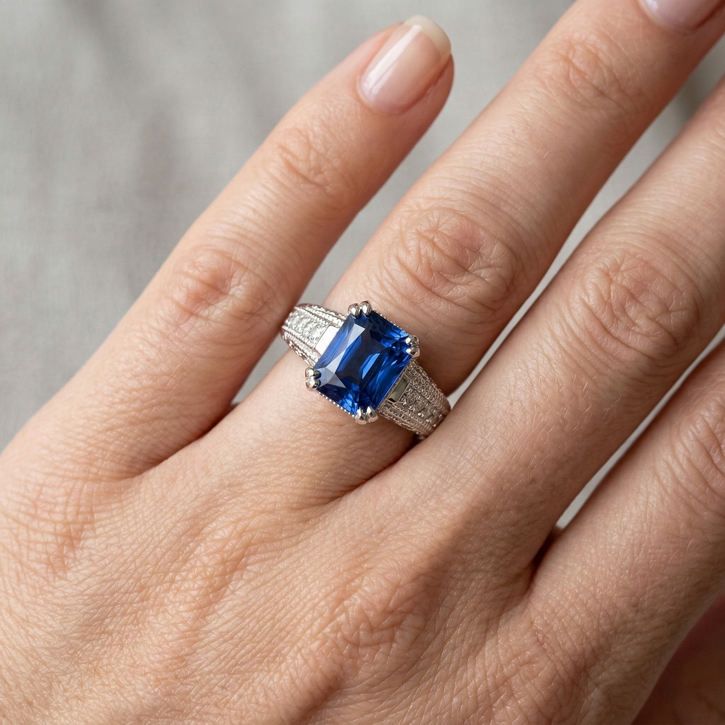 natural round sapphire 4ct ring on white background