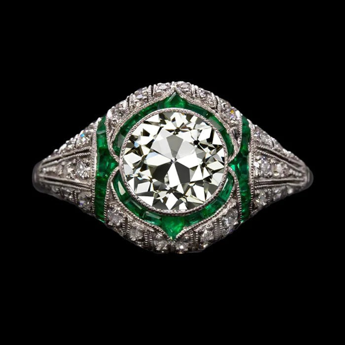 Antique Style Old Cut Real Diamond Ring Emerald Jewelry 3.50 Carats