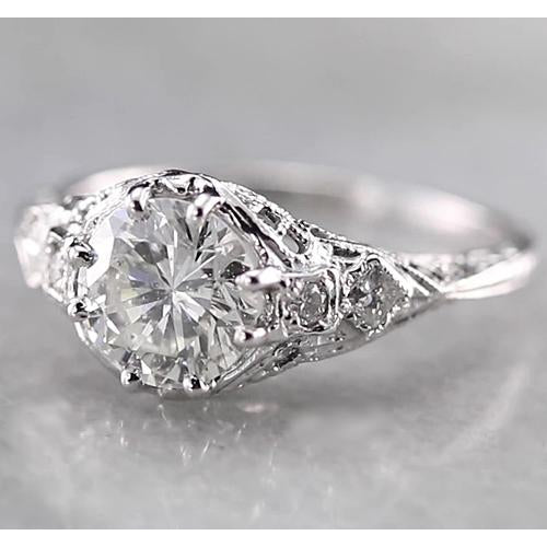 Antique Style Round Real Diamond Ring 2 Carats White Gold 14K