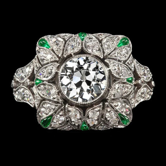 Art Deco Jewelry New Old Cut Natural Diamond Ring Emerald Antique Style