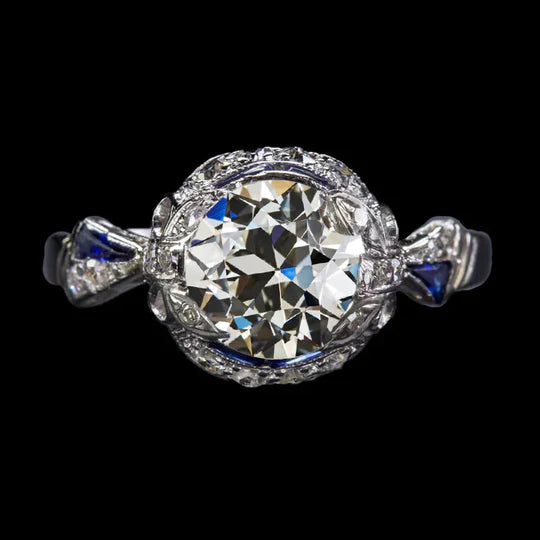 Art Deco Jewelry New Old Cut Real Diamond Blue Sapphire Wedding Ring