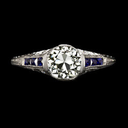 Art Deco Jewelry New Round Old Cut & Sapphire Three Stone Natural Diamond Ring