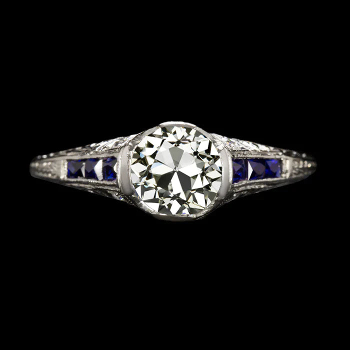 Art Deco Jewelry New Round Old Cut & Sapphire Three Stone Natural Diamond Ring - Three Stone Ring-harrychadent.ca