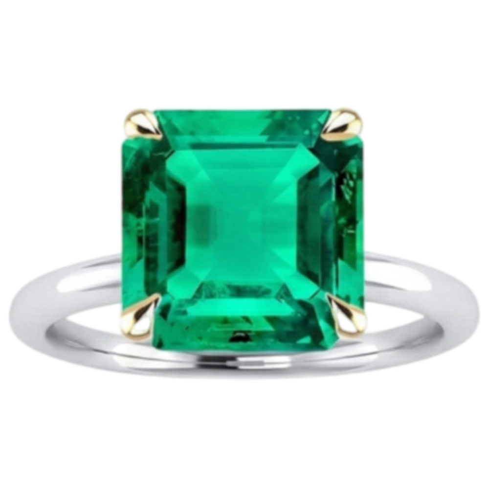 Emerald Asscher Cut Precious Stone Ring in 14K Two Tone Gold – front view