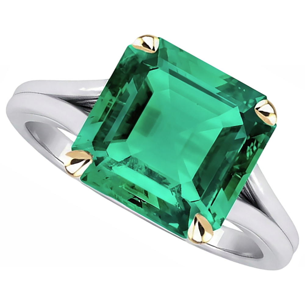 Fine Emerald Asscher Precious Stone Ring in 14 Karat Two Tone Gold – side view