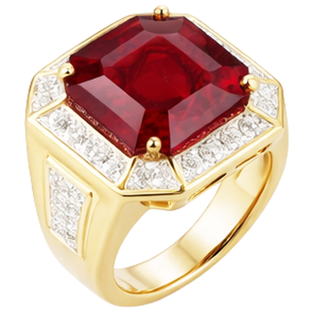 Asscher Red Men's Ruby Ring With Natural Earth Mined Diamond ( Not Lab Grown ) 11 Carats Yellow Gold 14K