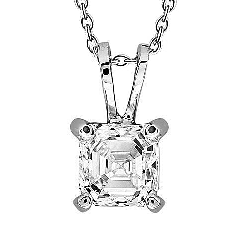 Asscher Cut 1 Carat Solitaire Real Diamond Pendant Necklace 14K White Gold