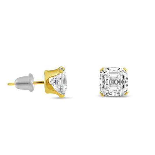 Asscher Cut 2 Carats Natural Diamonds Studs Earrings Yellow Gold 14K New
