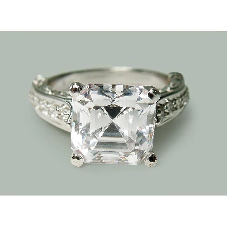 Asscher Cut Center Real Diamond Engagement Ring 3.28 Carats White Gold 14K