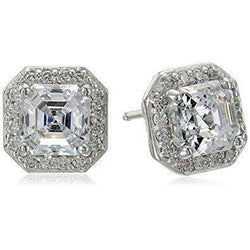 Asscher Halo Real Diamond Stud Earring 2.80 Carats White Gold 14K Jewelry
