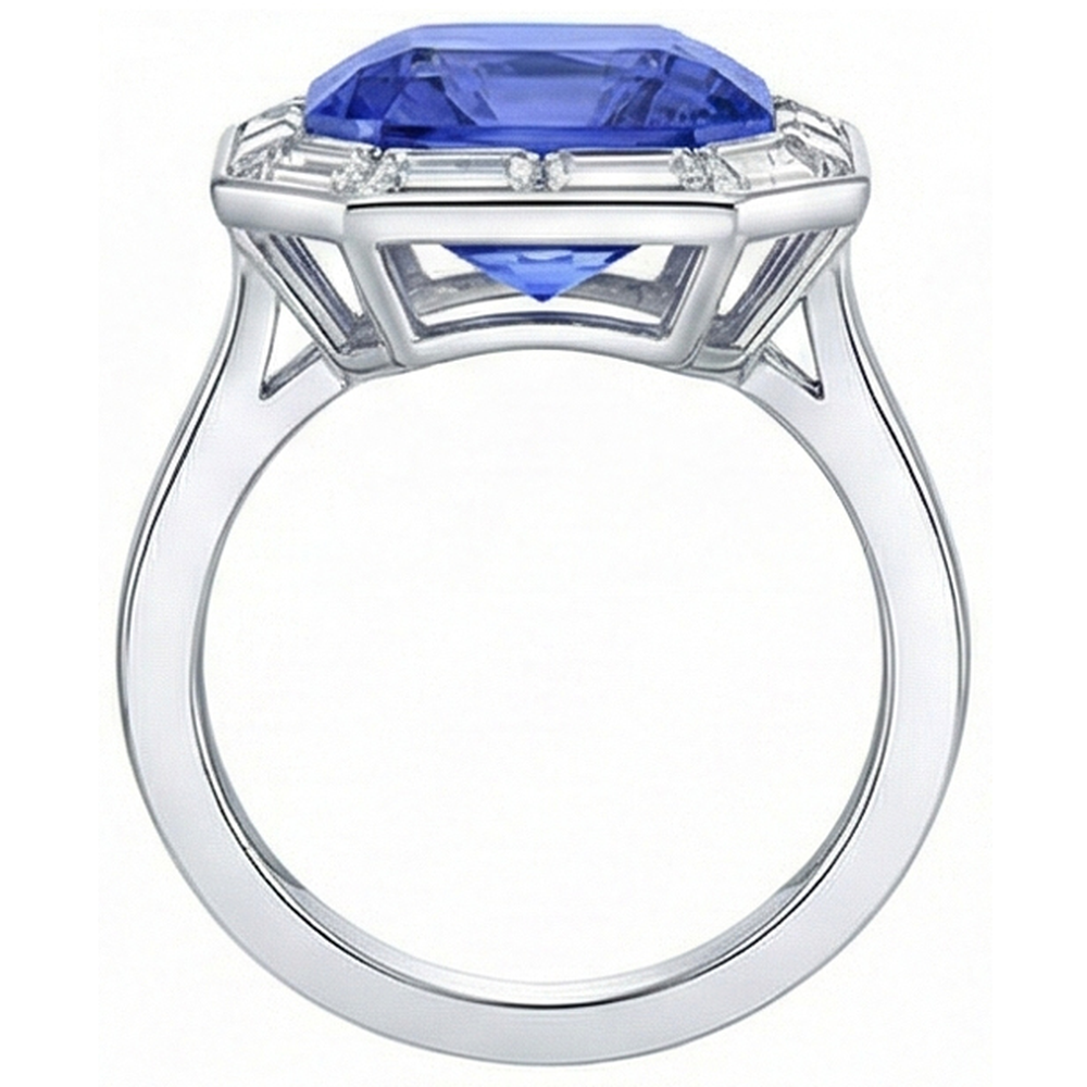 Baguette Natural Earth Mined Diamond ( Not Lab Grown ) Halo Radiant Blue Sapphire Ring 3.50 Carats 14K Gold