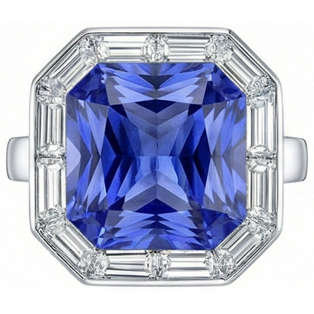 Baguette Natural Earth Mined Diamond ( Not Lab Grown ) Halo Radiant Blue Sapphire Ring 3.50 Carats 14K Gold