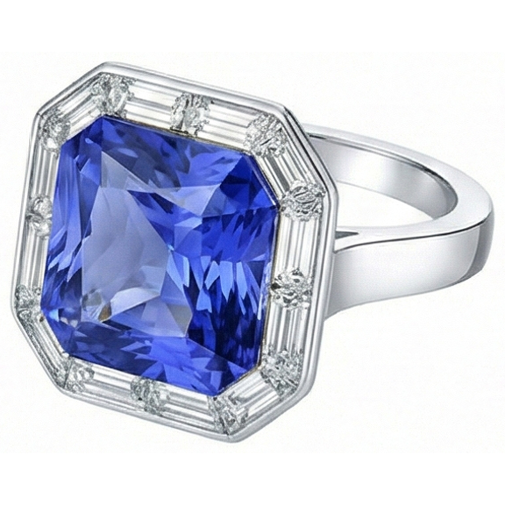 Baguette Natural Earth Mined Diamond ( Not Lab Grown ) Halo Radiant Blue Sapphire Ring 3.50 Carats 14K Gold