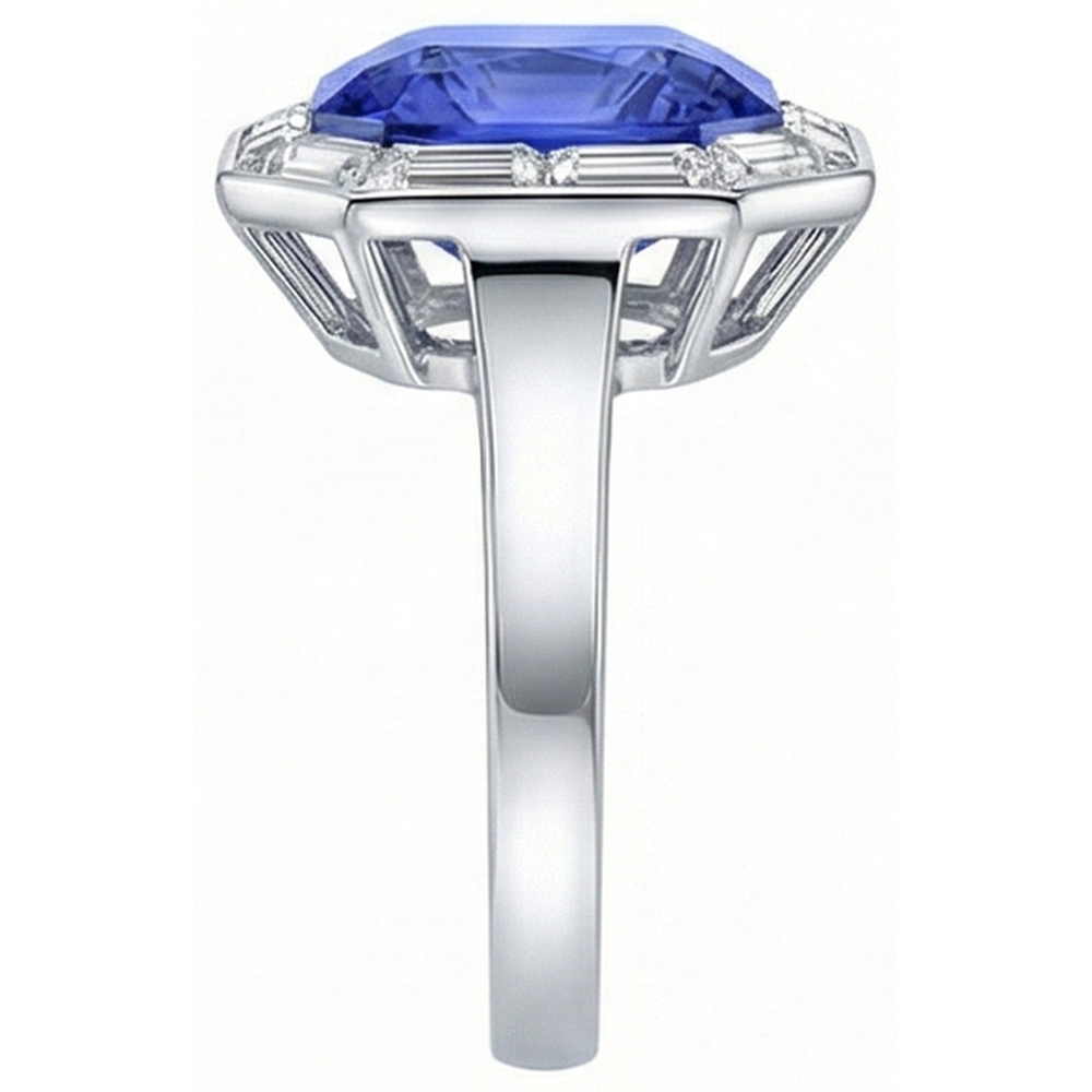 Baguette Natural Earth Mined Diamond ( Not Lab Grown ) Halo Radiant Blue Sapphire Ring 3.50 Carats 14K Gold
