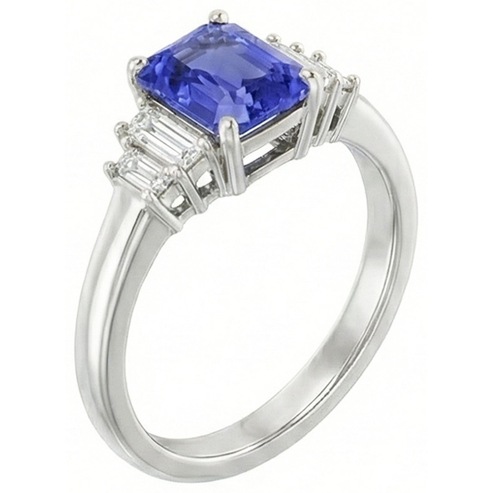 Baguette Natural Earth Mined Diamond ( Not Lab Grown ) Ring Ceylon Sapphire Jewelry 2.50 Carats 4 Prong Set